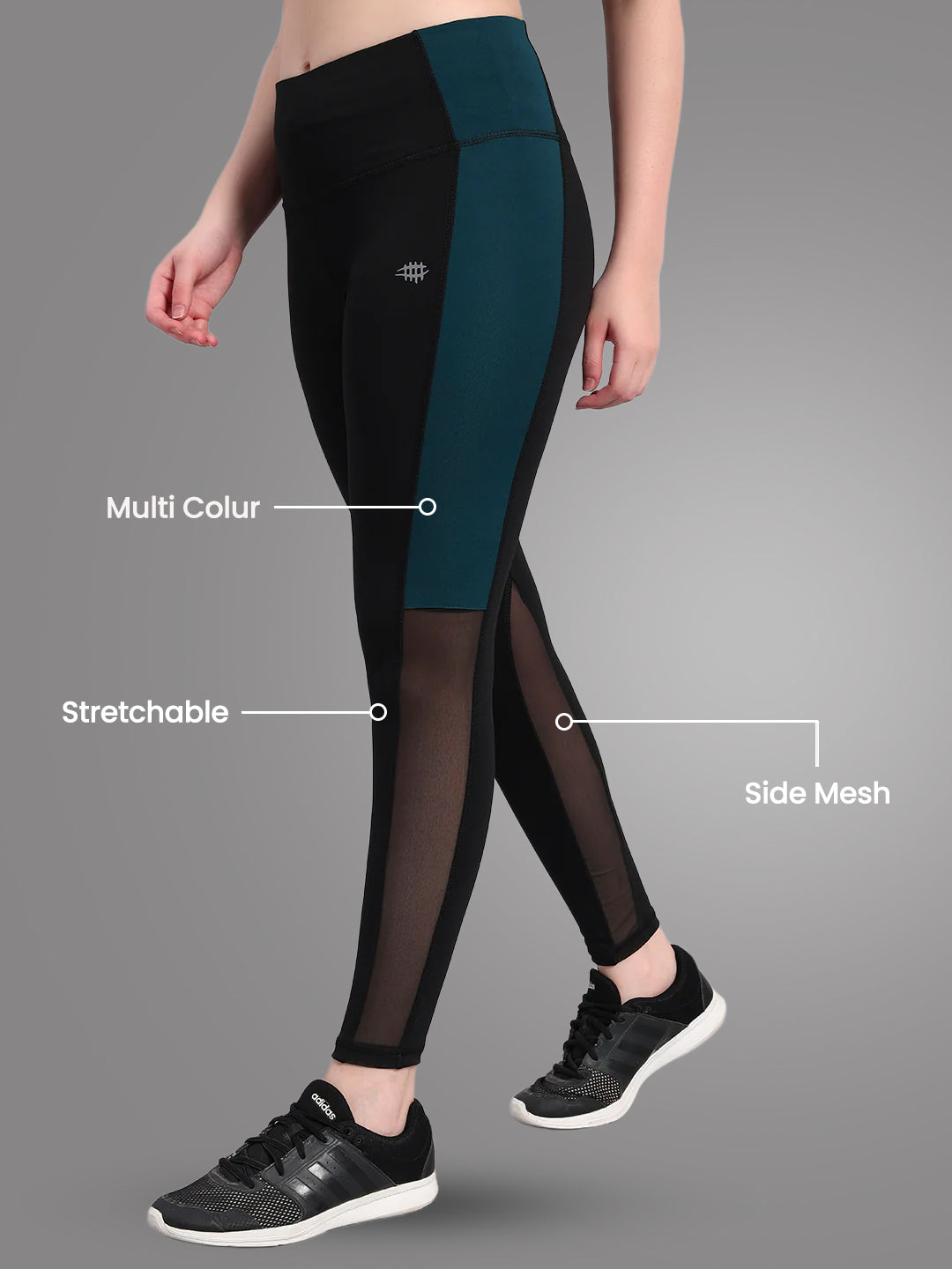 Nylon Women Hight Waist Side Panel With Mesh Training Tight - Royal Green