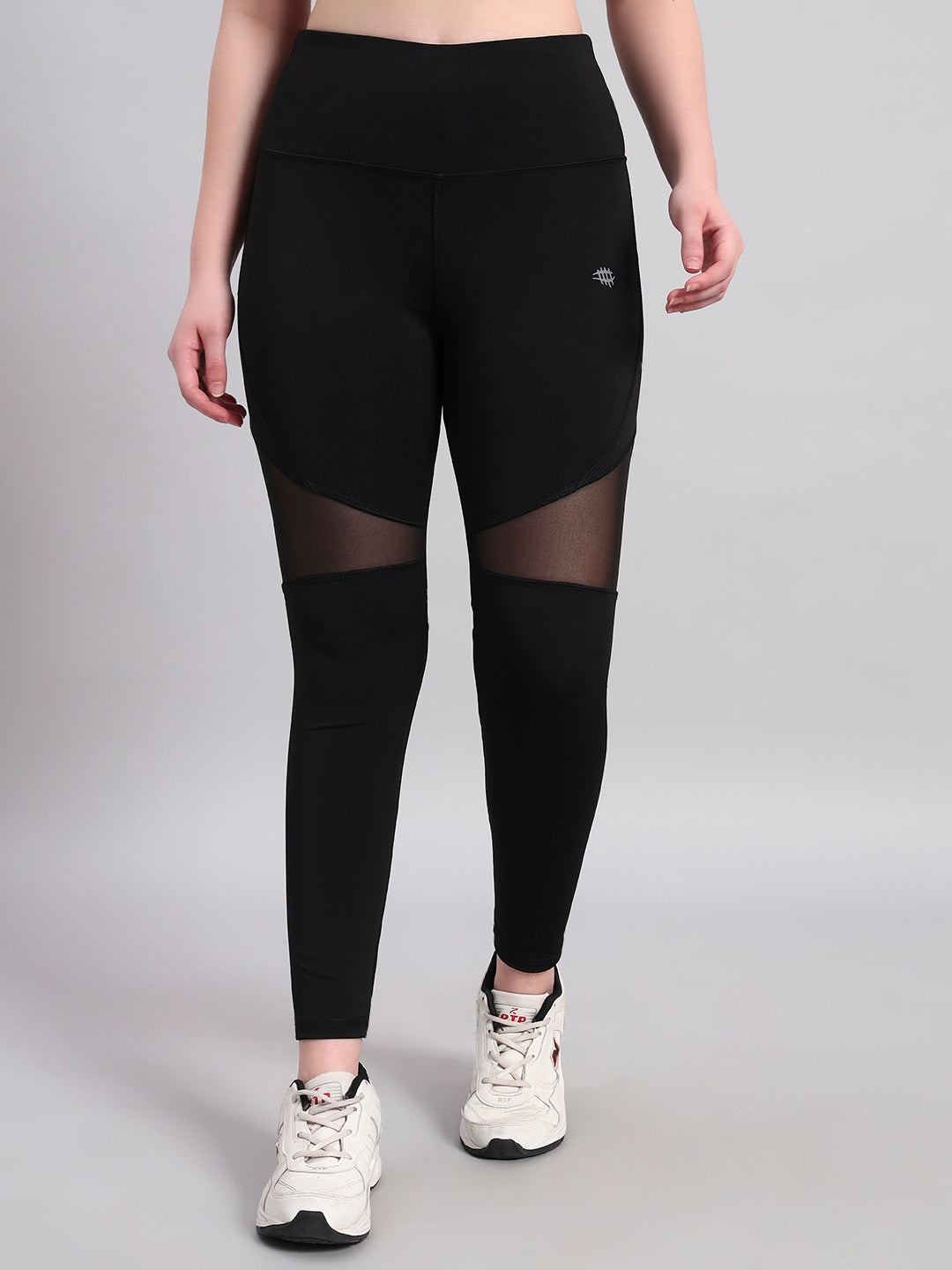 Nylon Women Sports Tight with Mesh Panel - Black