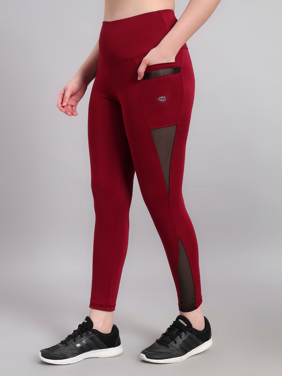 Nylon Women Workout Tight With Mesh Pocket - Maroon