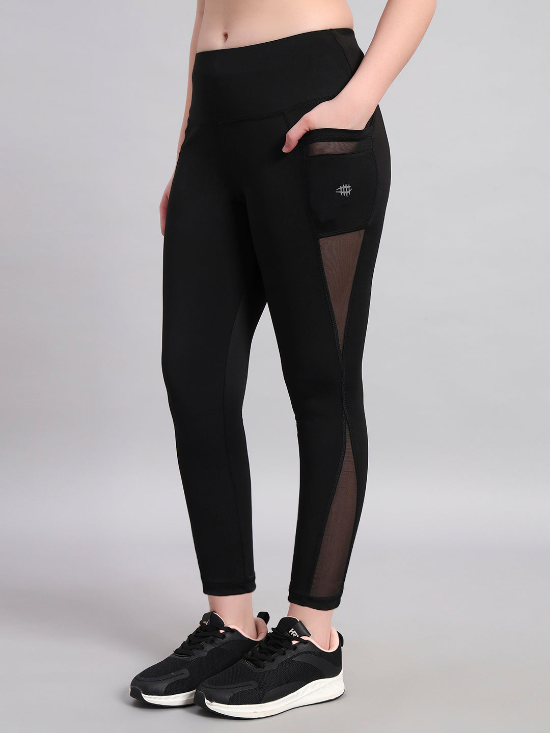 Nylon Women Workout Tight With Mesh Pocket - Black