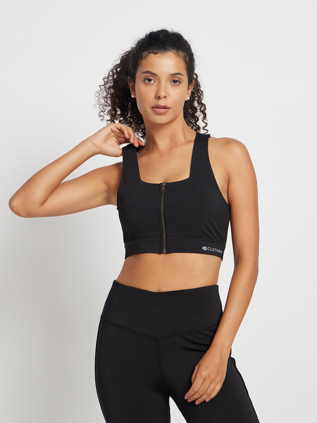 Nylon Front Zip Sports Bra – Black