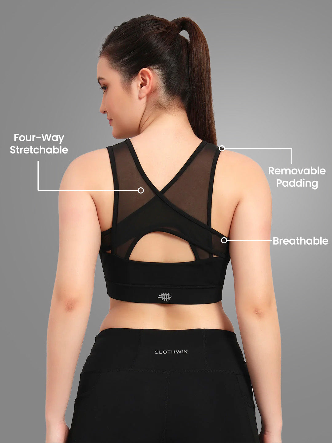 Nylon Back Cross Design Sports Bra _ Black