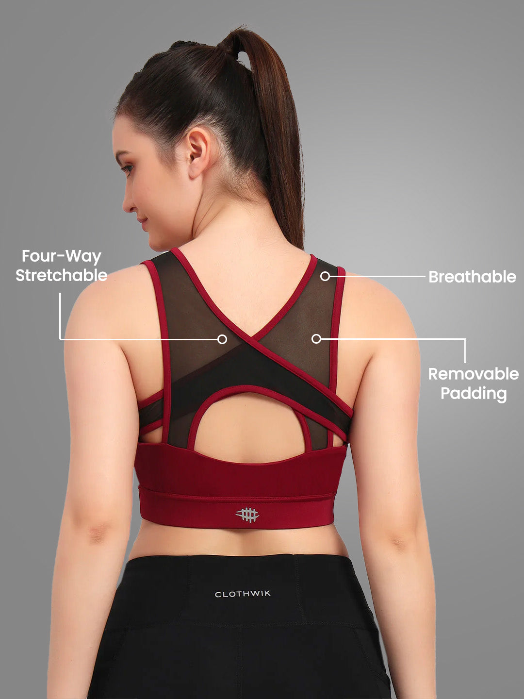 Nylon Back Cross Design Sports Bra _ Maroon