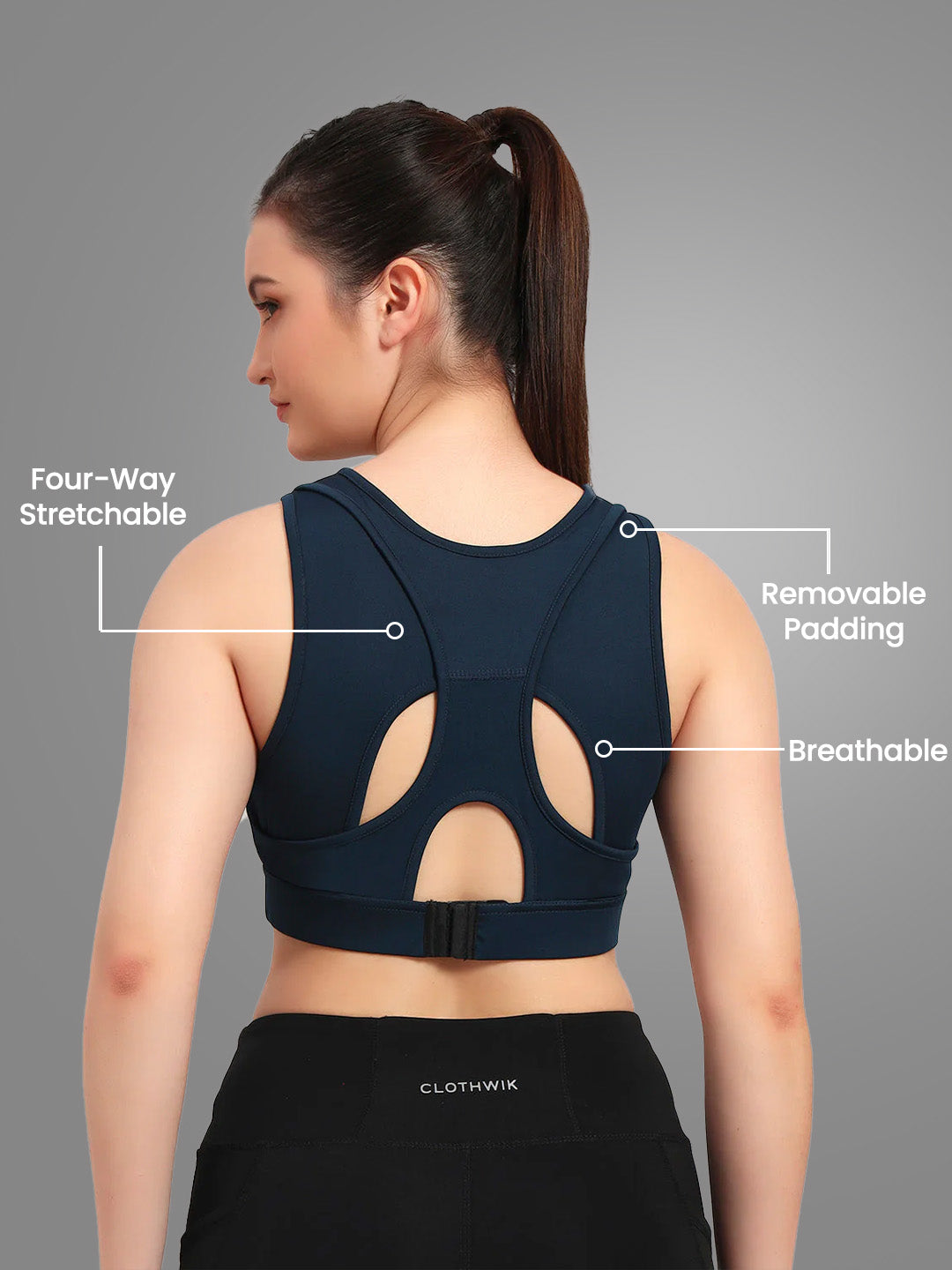 Nylon Back Hock Removable Pads Sport Bra - Navy Blue