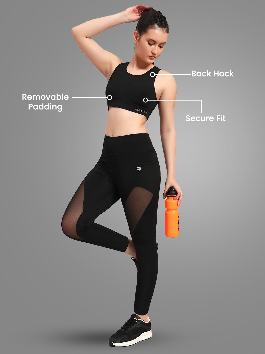 Nylon Back Hock Removable Pads Sport Bra - Black