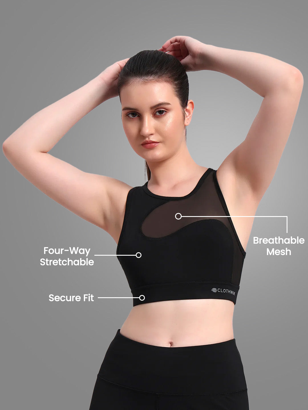 Nylon Women High Impact breathable Mesh Sport Bra - Black