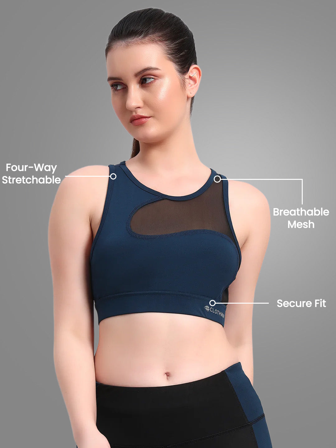 Nylon Women High Impact Breathable Mesh Sport Bra - Dark Blue