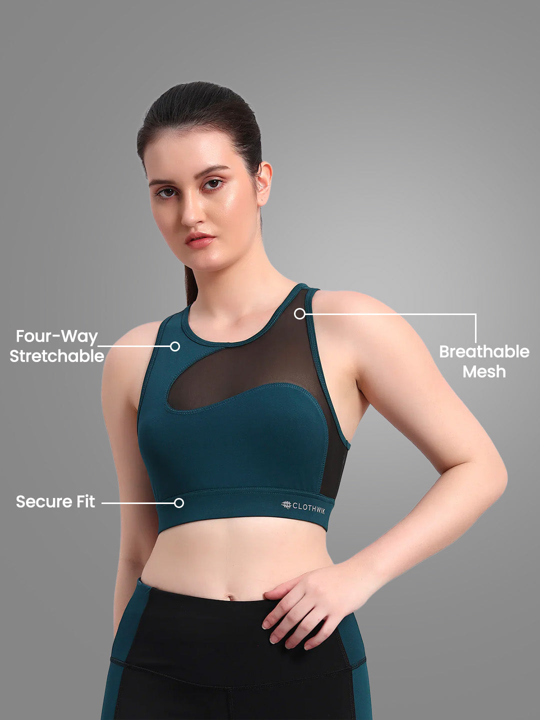 Nylon Women High Impact Breathable Mesh Sport Bra - Royal Green