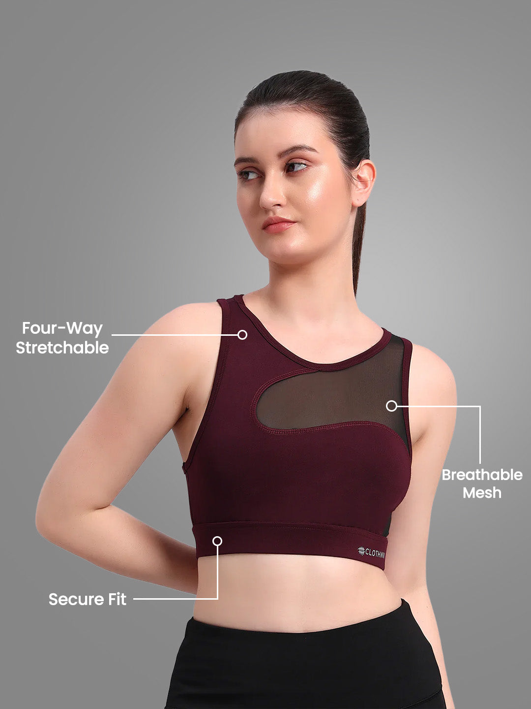 Nylon Women High Impact Breathable Mesh Sport Bra - Wine