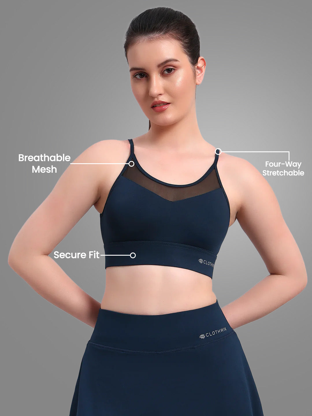 Nylon Women Back Cross Mesh Design Sport Bra - Dark Blue