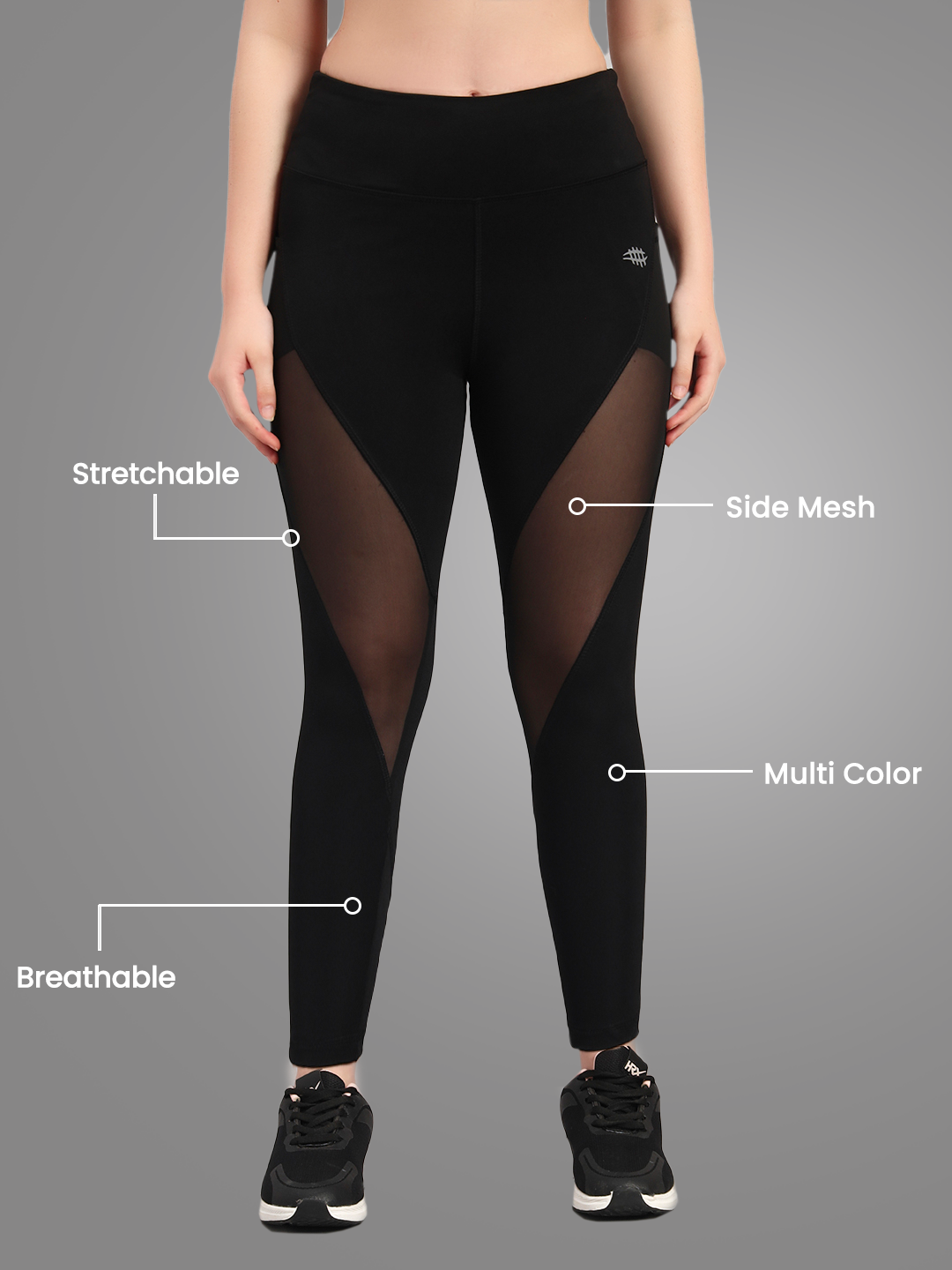 Nylon High Waist Workout Tight With Side Pocket - Black Colour WIth Black Mess.
