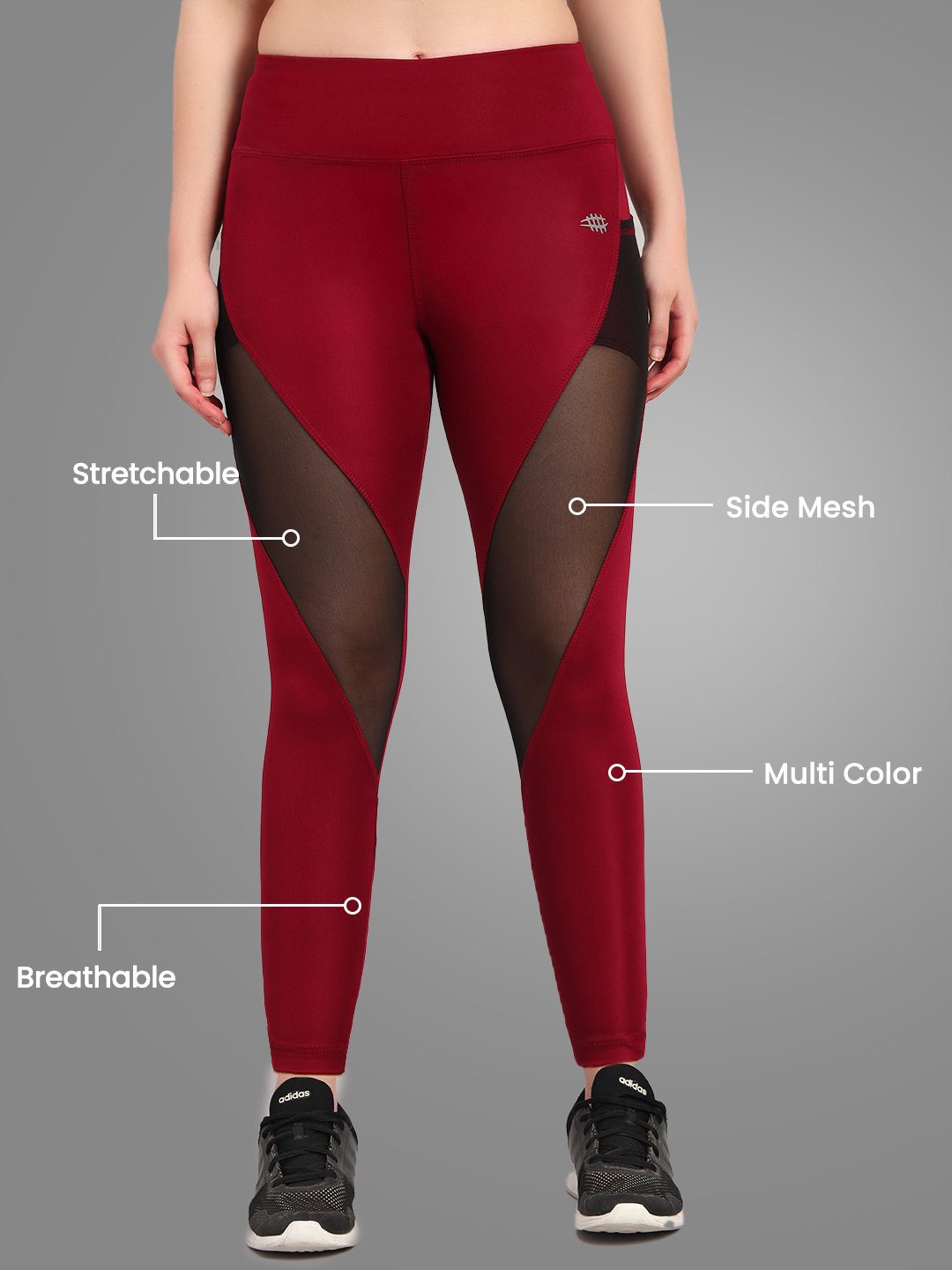 Nylon High Waist Workout Tight With Side Pocket - Maroon Colour WIth Black Mess.