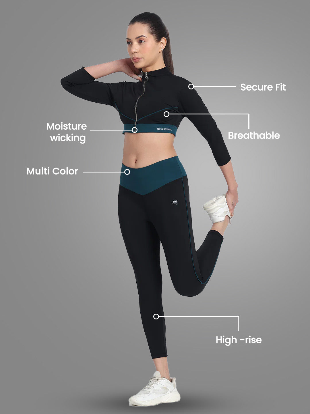 Nylon High Waist Yoke Tight With Front Zip Top – Royal Green