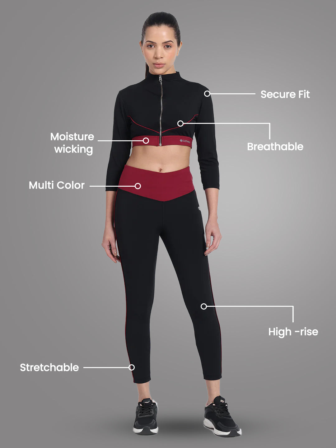 Nylon High Waist Yoke Tight With Front Zip Top – Maroon