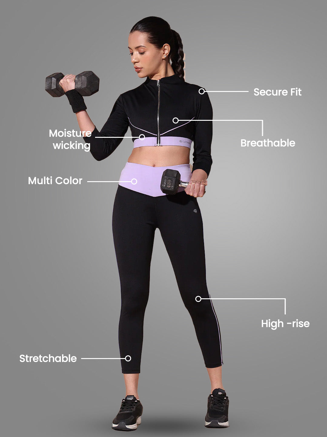 Nylon High Waist Yoke Tight With Front Zip Top – Purple