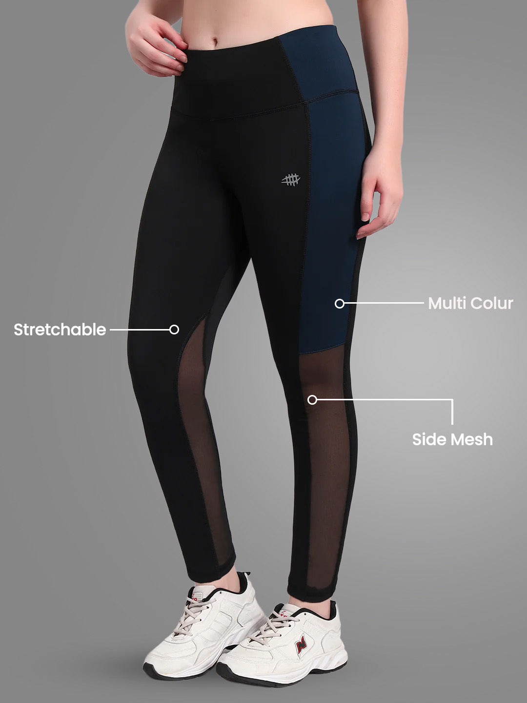 Nylon Women Hight Waist Side Panel With Mesh Training Tight - Dark Blue