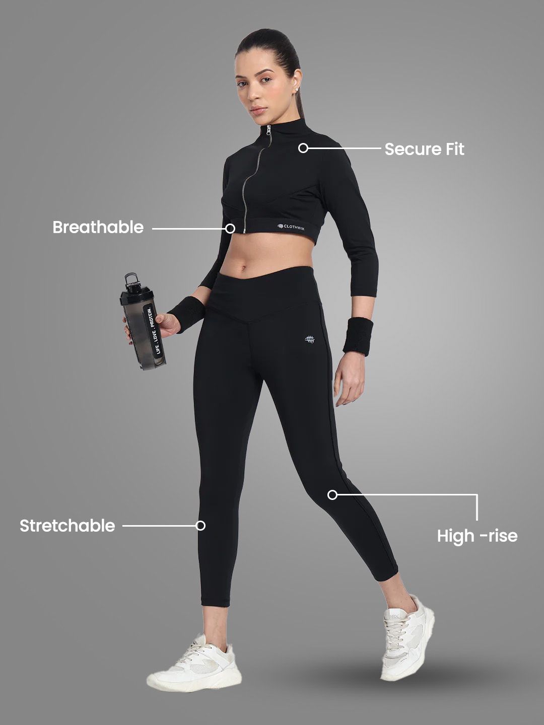 Nylon High Waist Yoke Tight With Front Zip Top – Black